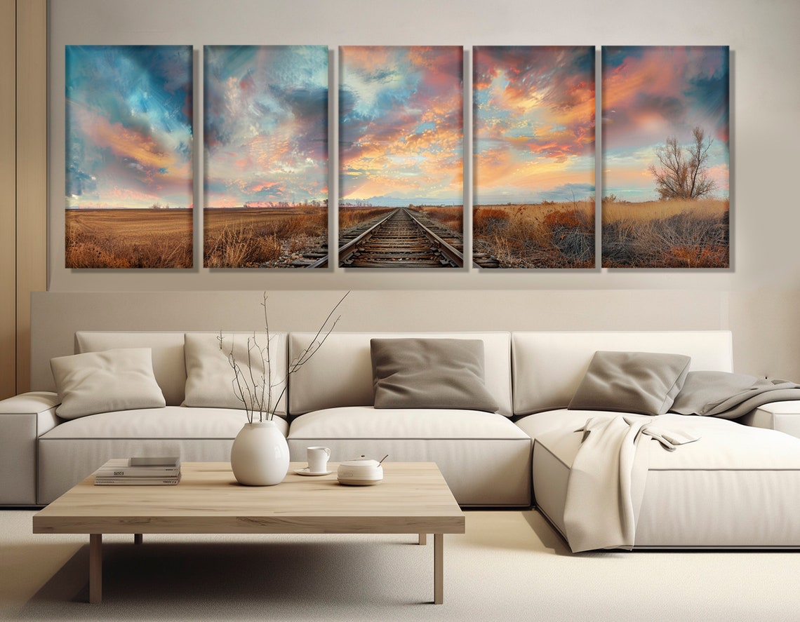 Railroad Tracks Field Dramatic Sunset Cloudscape Colorful Sky Wall Art - Image 2