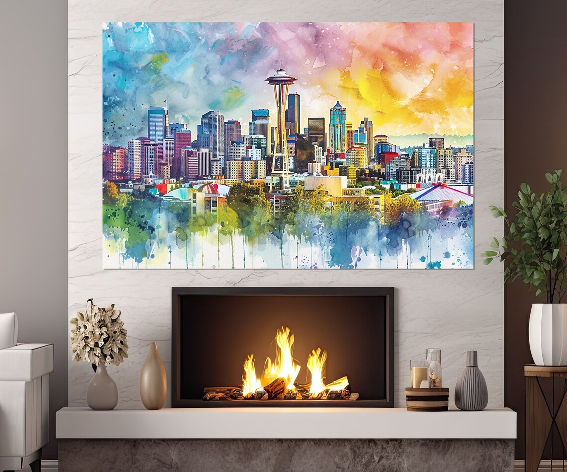 Seattle Space Needle Skyline Rainbow Watercolor City Travel Poster