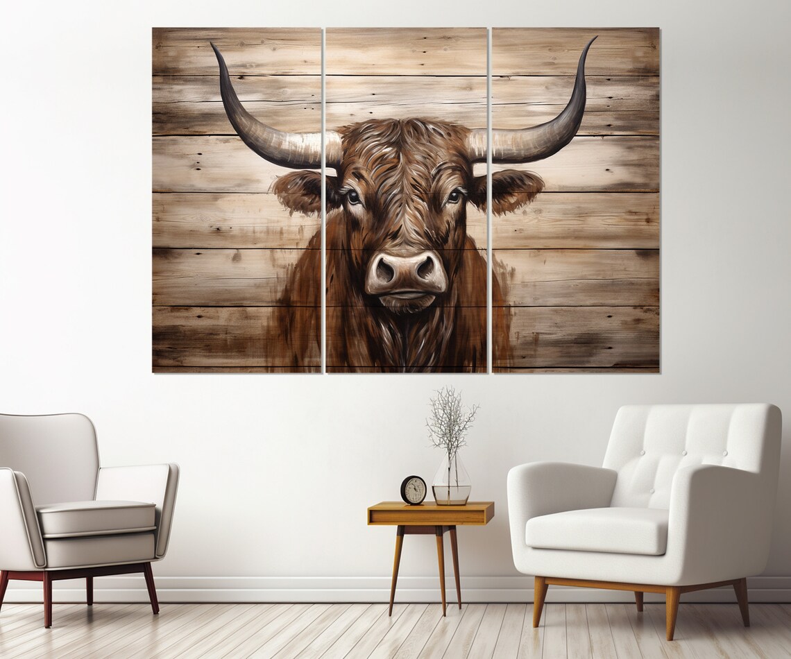 Rustic Longhorn Cow Triptych Wood Plank Western Farmhouse Art Poster