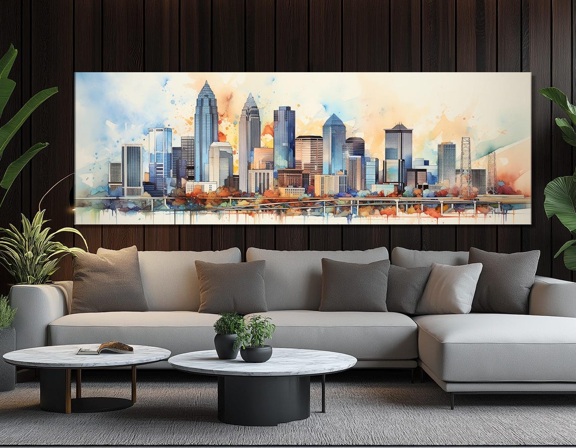 Charlotte Skyline In Colorful Watercolor Style Modern Cityscape Poster