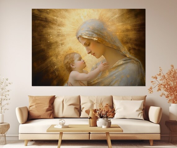 Virgin Mary With Baby Jesus Golden Light Religious Mother Child Art Poster