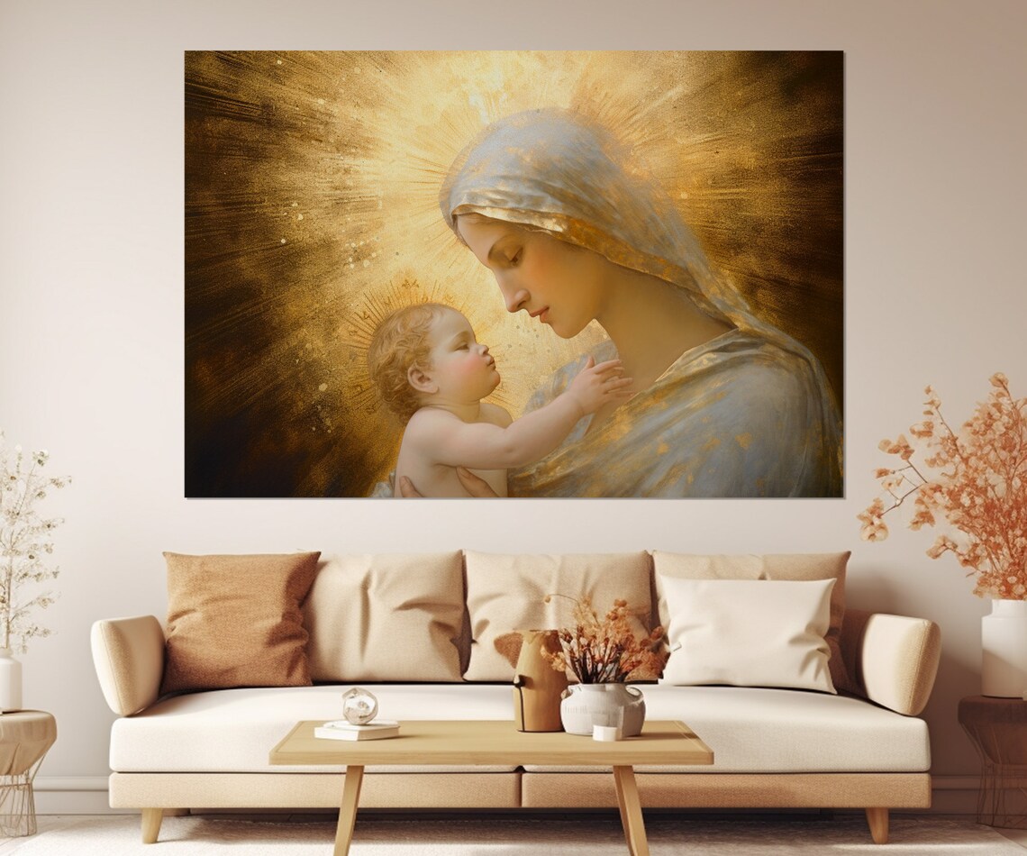 Virgin Mary With Baby Jesus Golden Light Religious Mother Child Art Poster