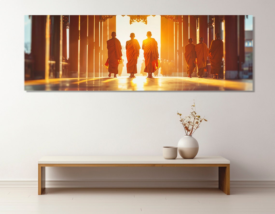 Buddhist Monks Walking Temple Golden Light Triptych Spiritual Poster - Image 2