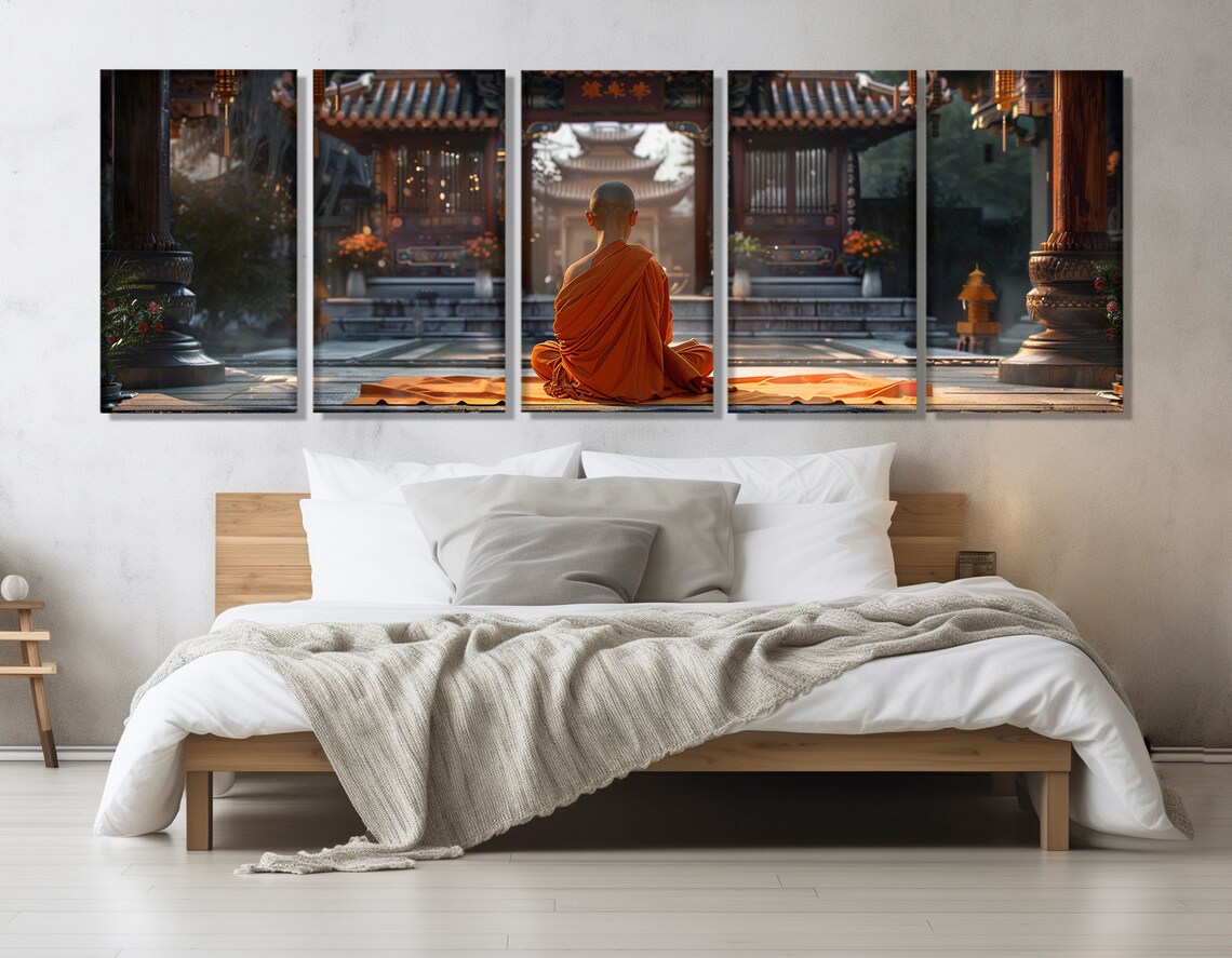 Buddhist Monk Meditating Orange Robes Asian Temple Zen Spiritual Wall Art - Image 3