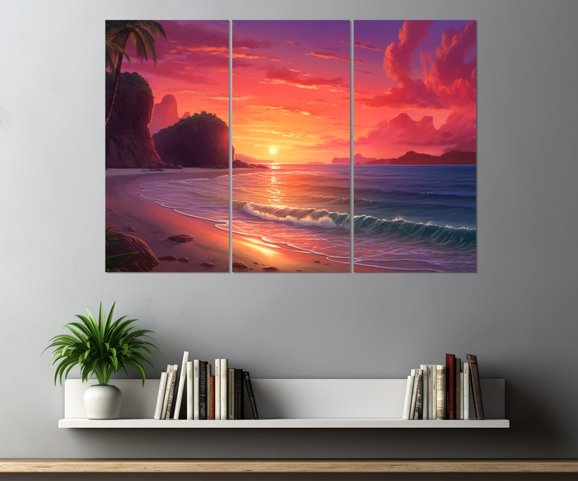 Crimson Sunset Beach Palm Cliffs Tropical Ocean Waves Travel Poster - Image 4
