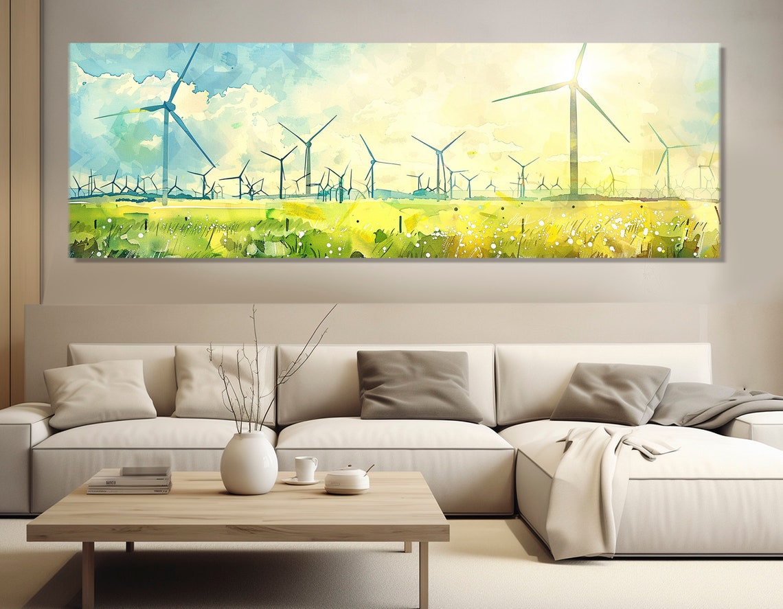 Wind Turbines Over Green Meadow Watercolor Renewable Energy Art Poster - Image 2