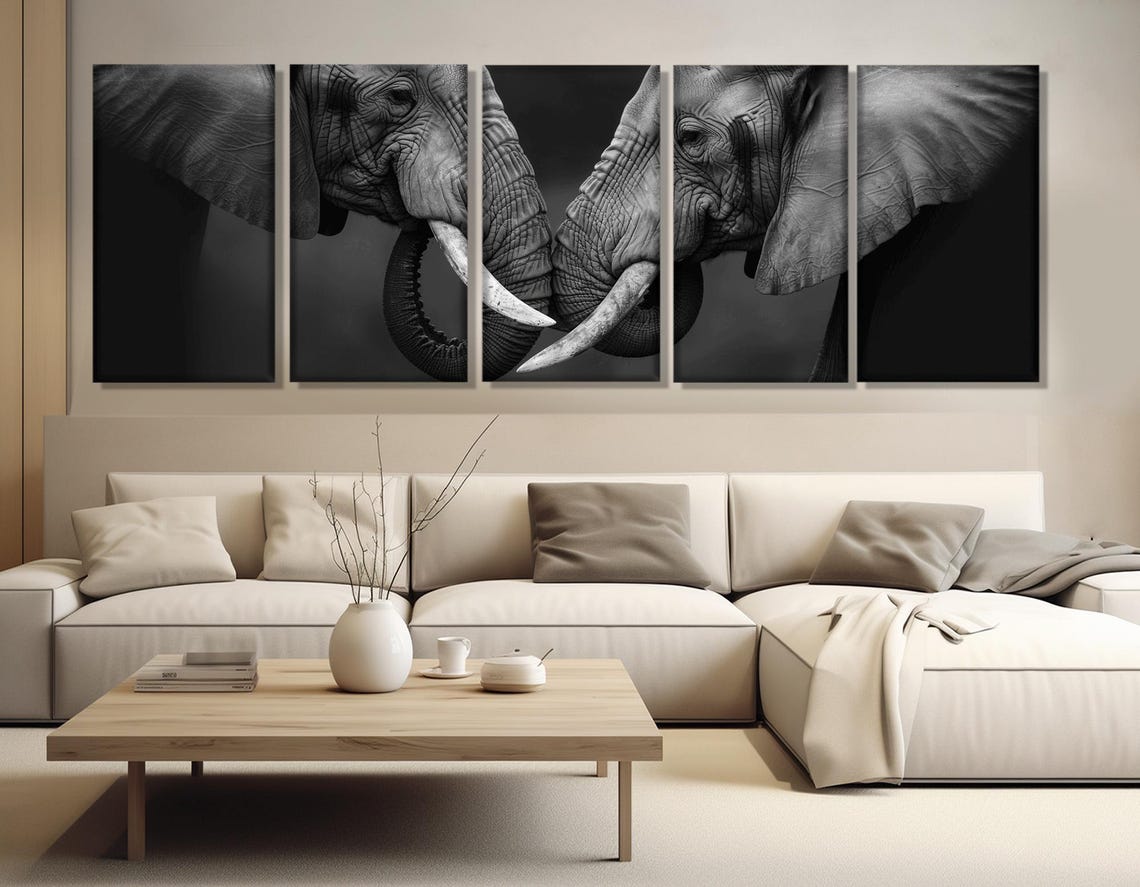 Two Elephants Head To Head Black And White Wildlife Panoramic Poster - Image 3