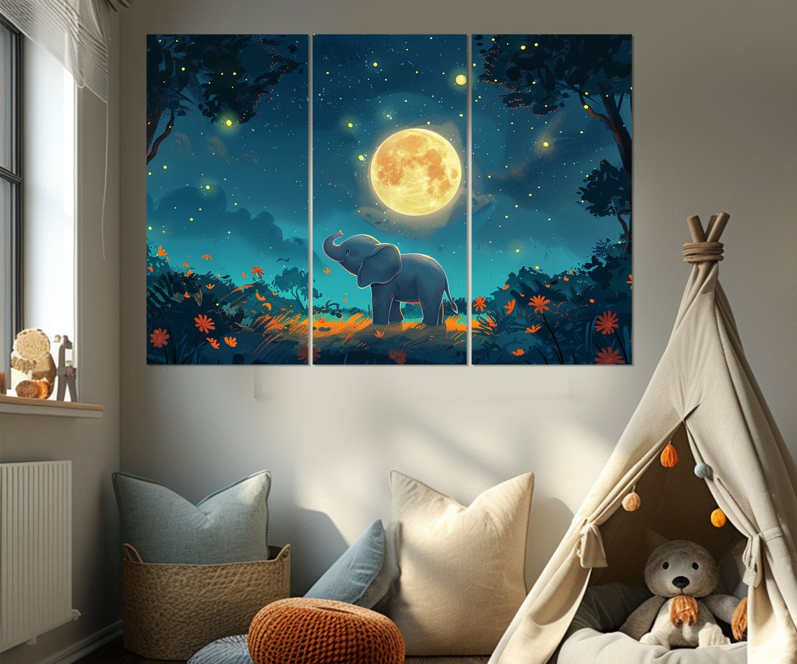 Baby Elephant Looking At Full Moon Forest Night Nursery Wall Art - Image 4
