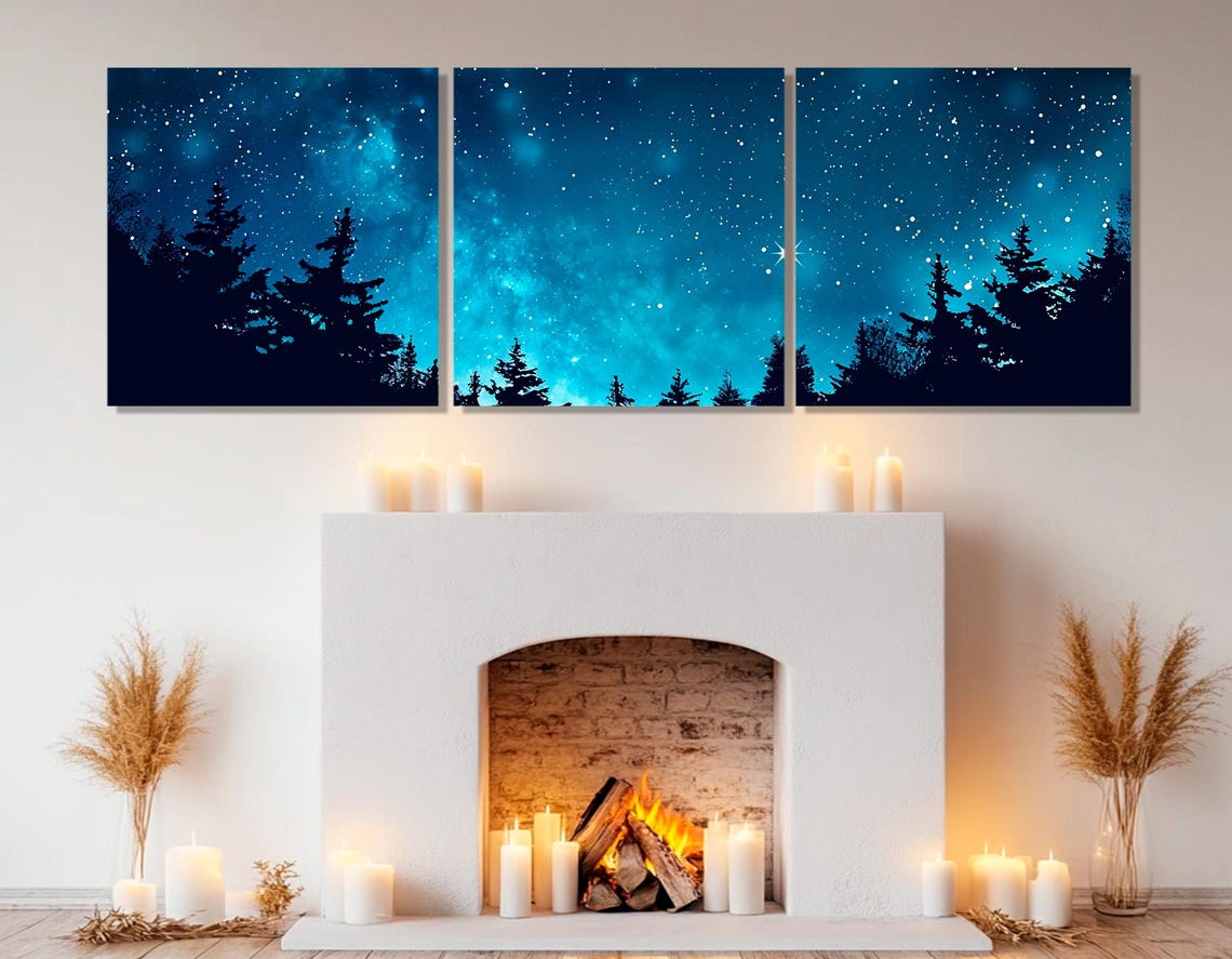 Starry Night Sky Over Pine Forest Silhouette Blue Panoramic Poster - Image 4