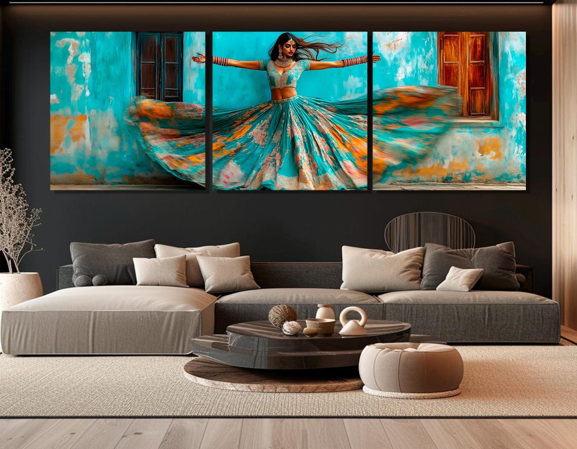 Beautiful Indian Girl In Indian National Dress Dancing On The Street Painting Print Indian Wall Art Framed Ready To Hang - Image 4