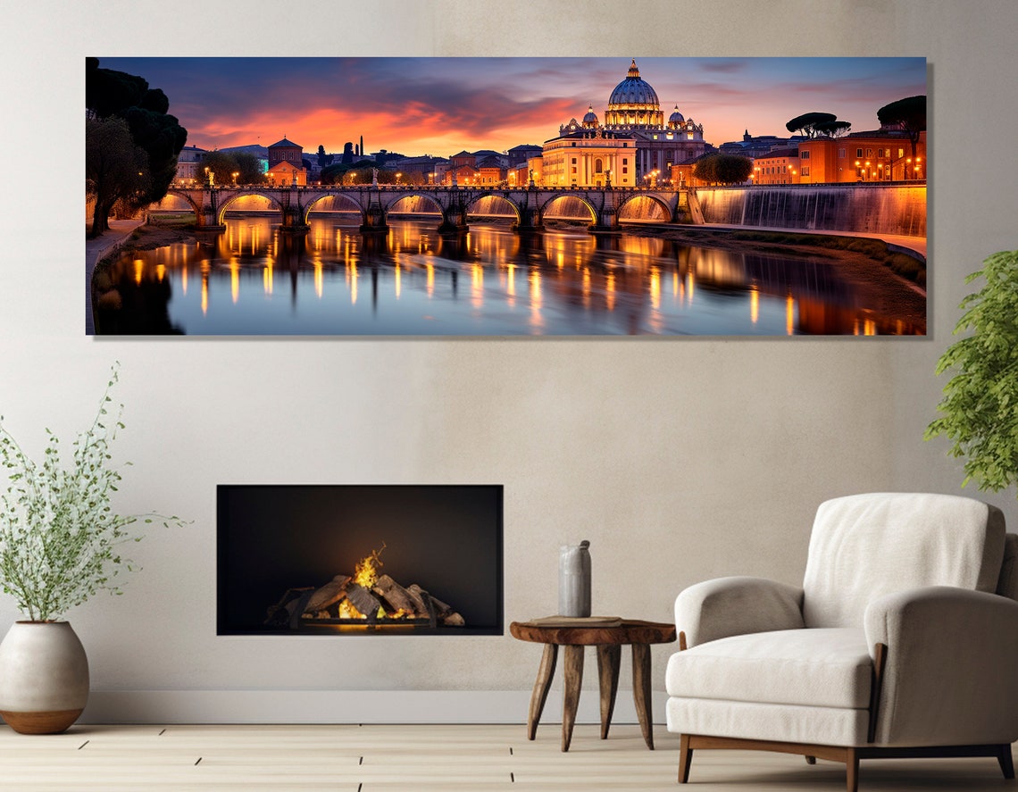 Rome Italy St Peters Basilica Sunset Over Tiber River Panorama Poster