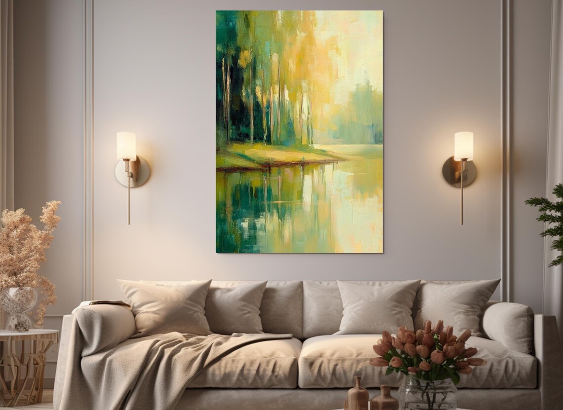 Impressionist Serene Landscape Painting Print Abstract Forest Wall Art Green Abstract Wall Decor Framed And Ready To Hang