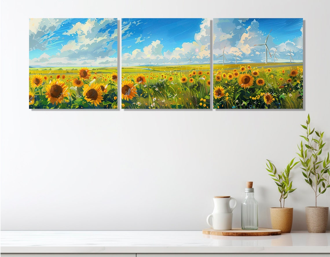 Sunflower Field Wind Turbines Blue Sky Countryside Summer Poster - Image 2