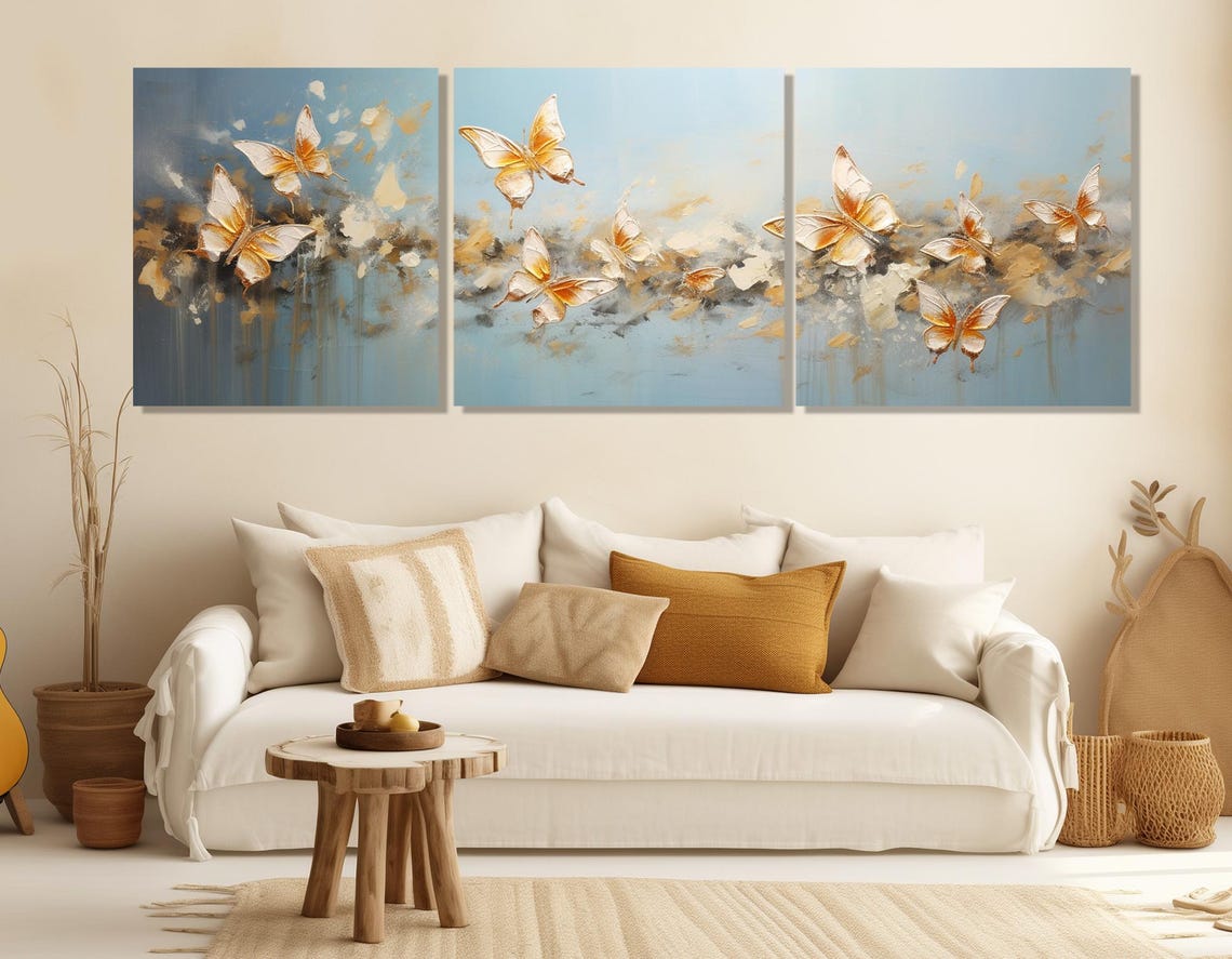 Golden Butterflies Abstract Blue Background Elegant Flying Art Poster - Image 4