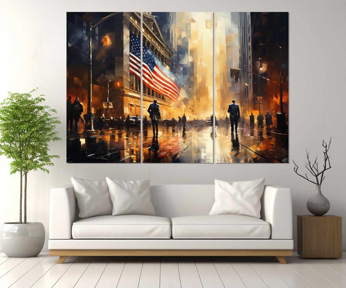 New York Wall Street American Flag Rainy Street City Night Poster - Image 4