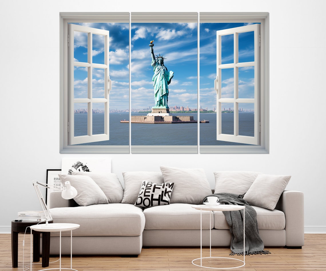Statue Of Liberty New York Harbor Open Window Blue Sky View Poster - Image 4