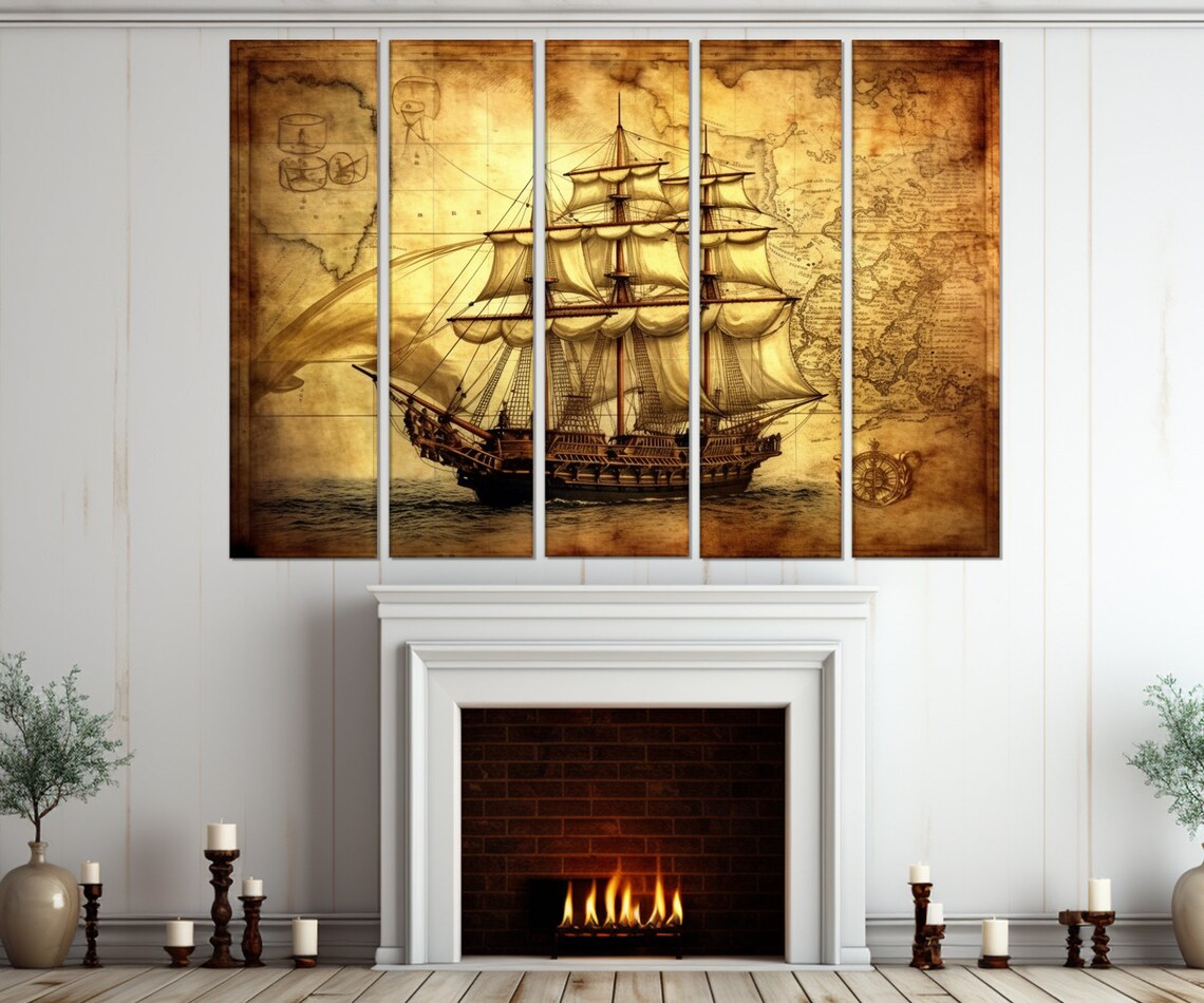 Old Sailboat on Vintage Map, Nautical Wall Art Print - Image 3