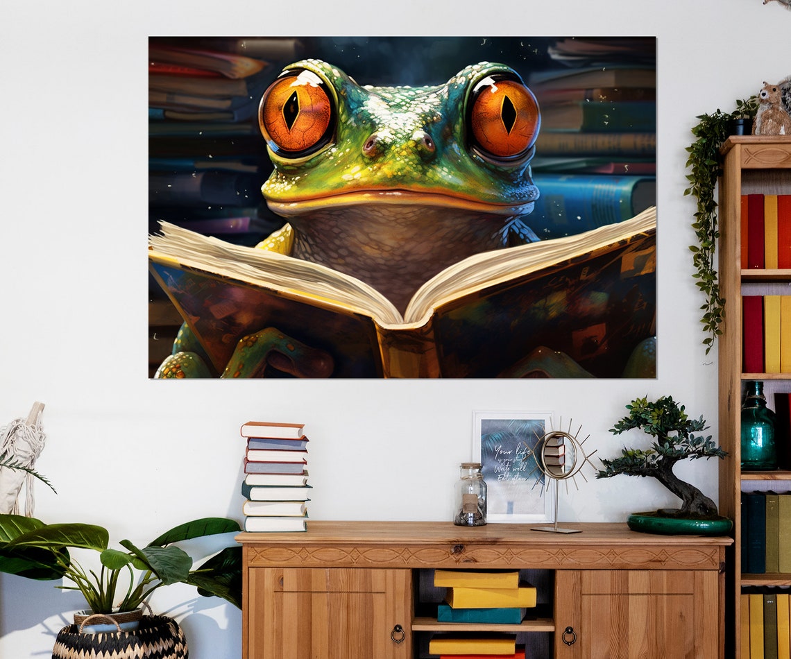 Frog Reading An Open Book With Big Orange Eyes Nursery Poster