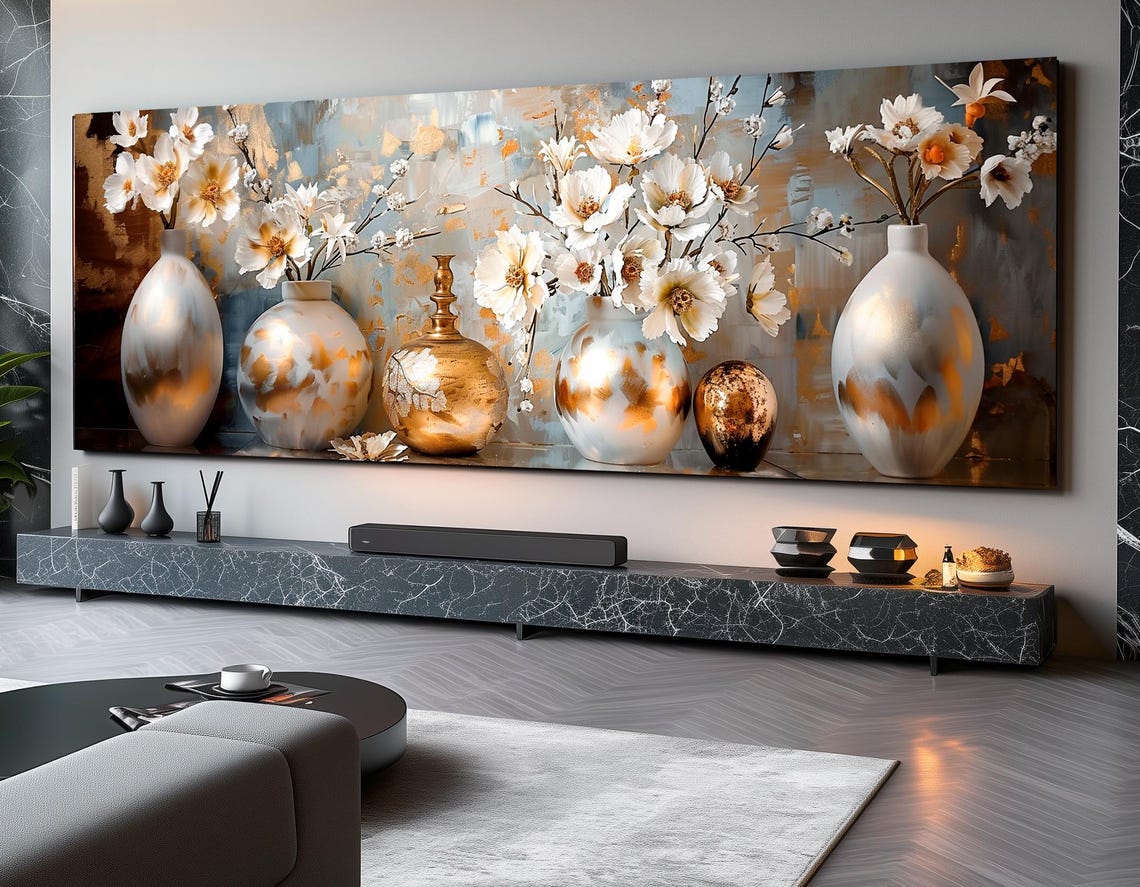 White Floral Still Life In Golden Vases Elegant Panoramic Print - Image 3