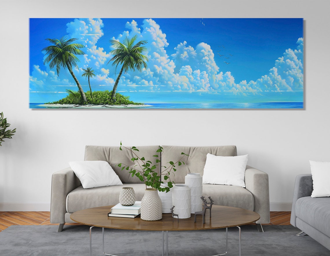 Tropical Desert Island Palm Trees Blue Ocean Panoramic Beach Poster - Image 2