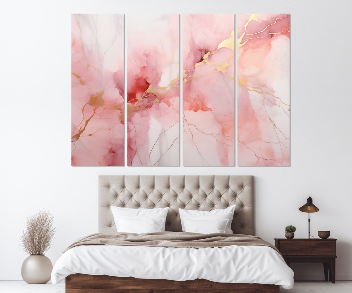 Blush Pink Marble Gold Veins Triptych Abstract Modern Elegant Poster - Image 3