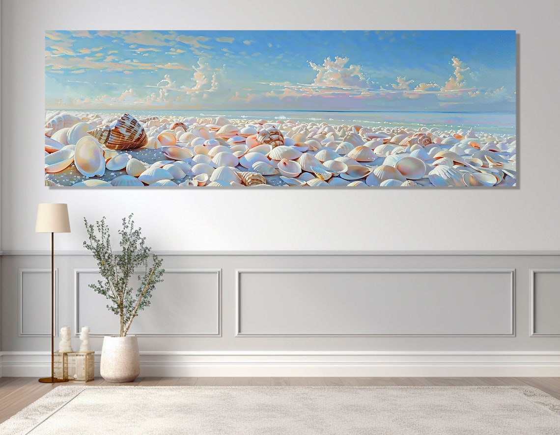 White Seashell Beach Shoreline Blue Sky Pastel Coastal Poster