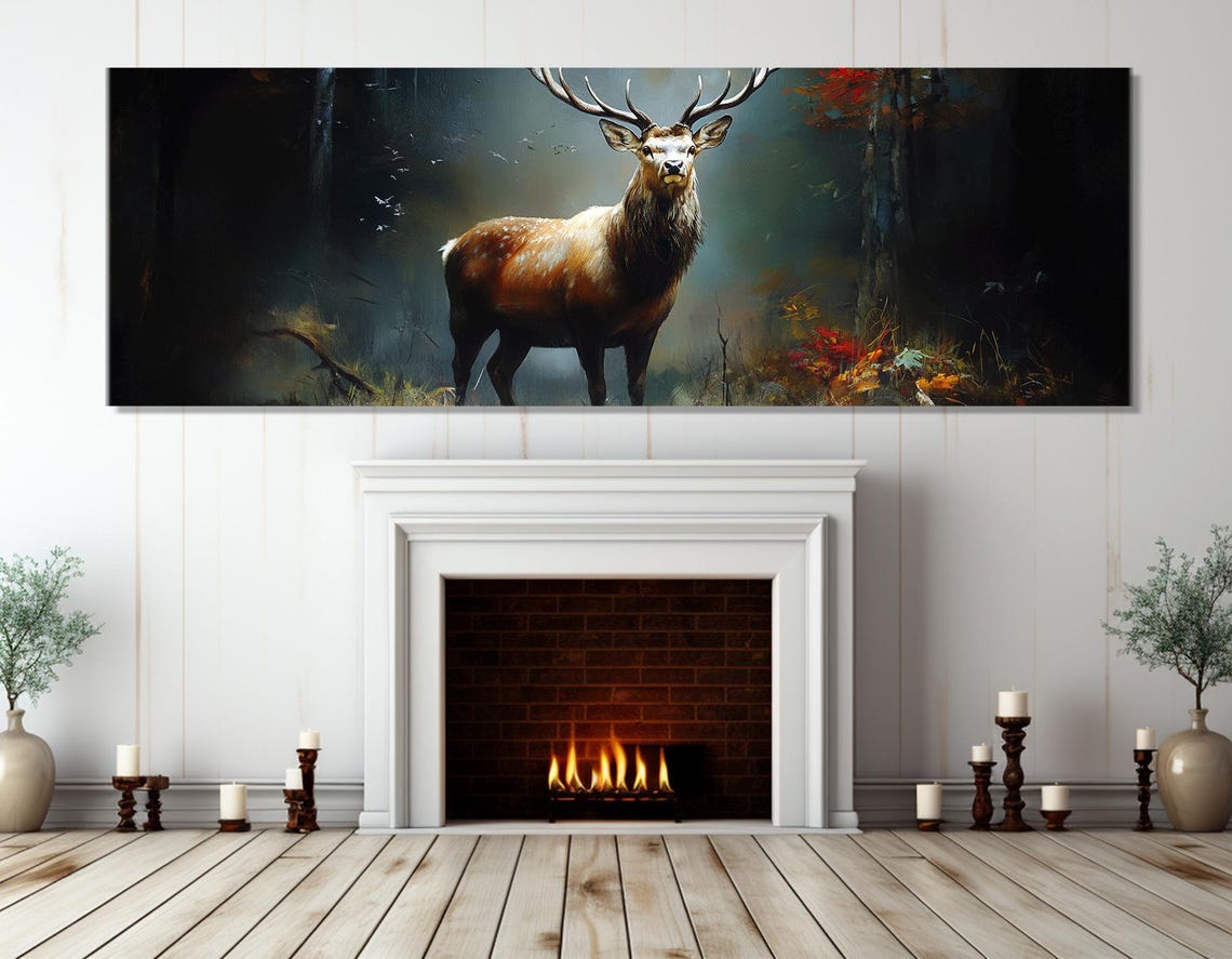 Majestic Stag Autumn Forest Painted Wildlife Panoramic Wall Poster - Image 3