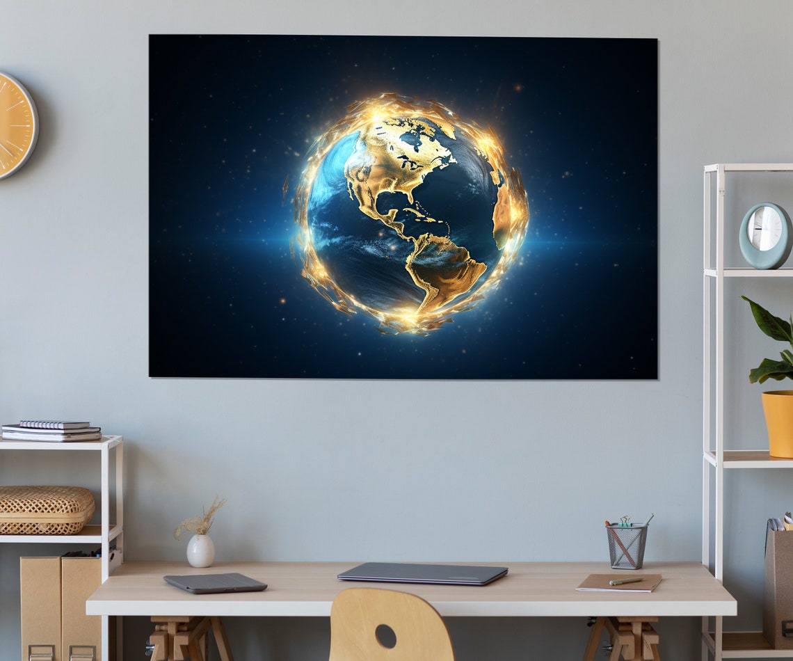 Golden Earth Globe Blue Marble Cosmic Starry Space Wall Art Print
