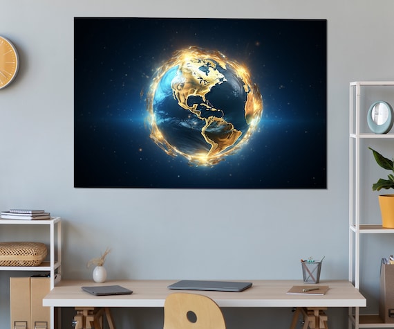 Golden Earth Globe Blue Marble Cosmic Starry Space Wall Art Print