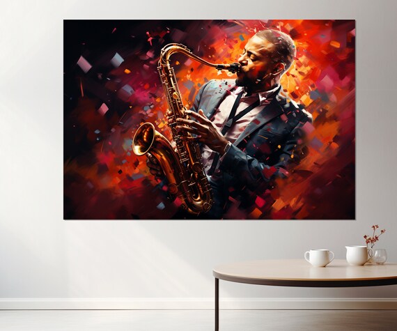 Jazz Saxophonist Painting Fiery Red Abstract Musician Portrait Wall Art Poster
