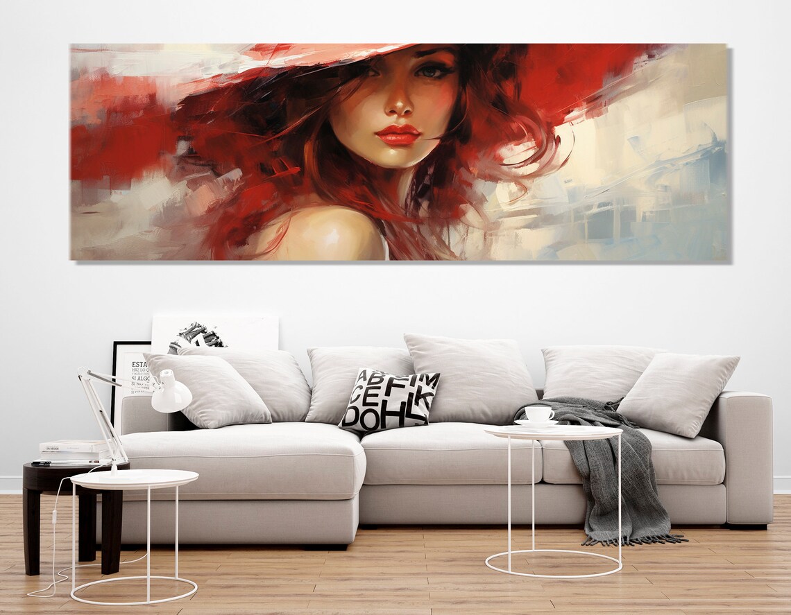 Red Haired Woman Abstract Portrait Red Hat Flowers Fashion Art Poster