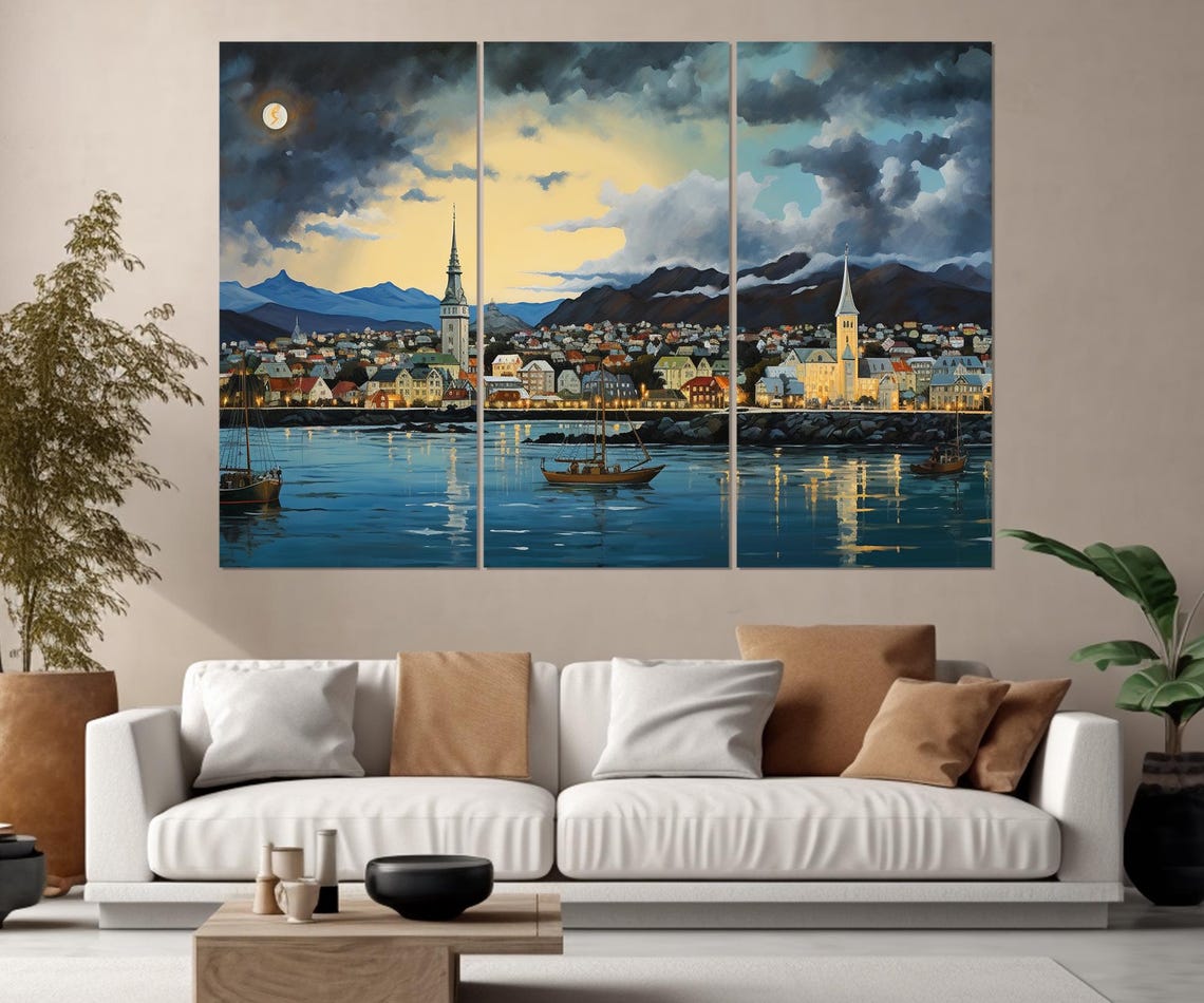 Reykjavik Iceland Harbor Night Moonlit Skyline Painting Travel Poster - Image 2