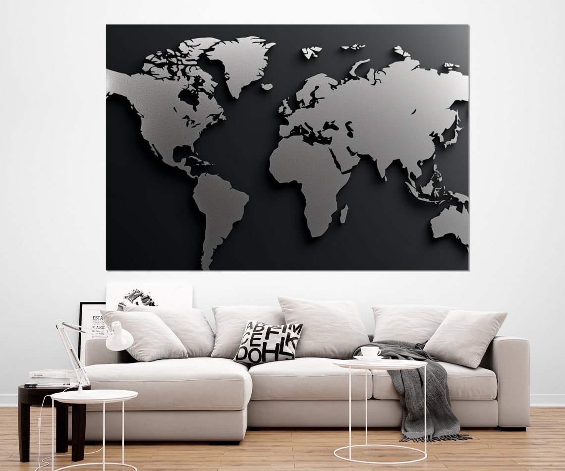 Monochrome World Map Black Silver 3D Relief Modern Office Decor Print - Image 2
