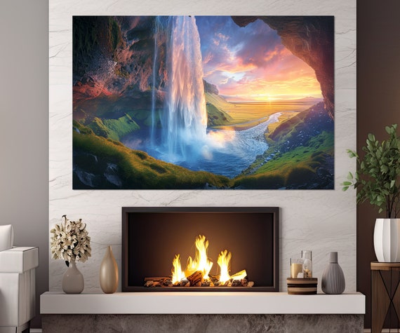 Waterfall Seljalandsfoss In Island Abstract Print Waterfall Painting Waterfall Print Iceland Nature Print Framed Ready To Hang