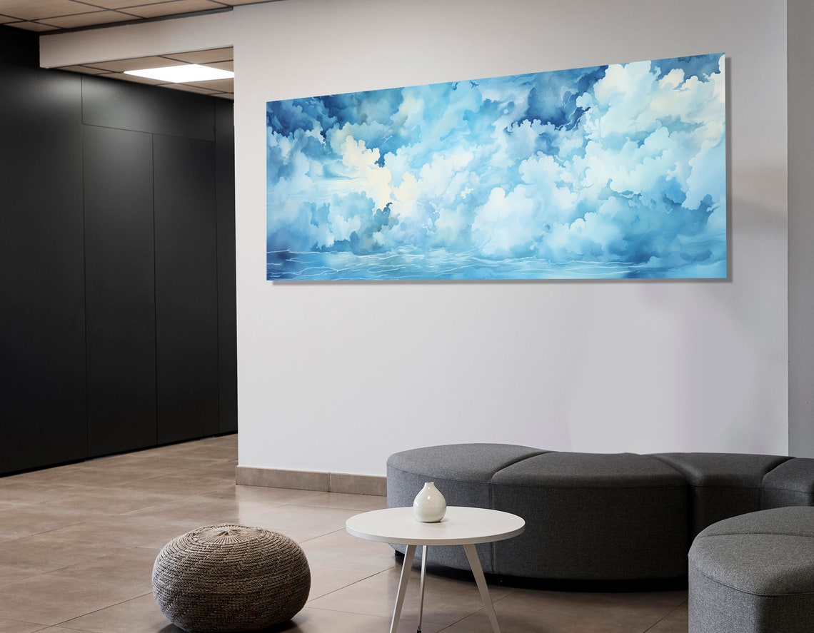 Soft Blue Clouds Watercolor Sky Panoramic Calm Bedroom Wall Art Poster - Image 2
