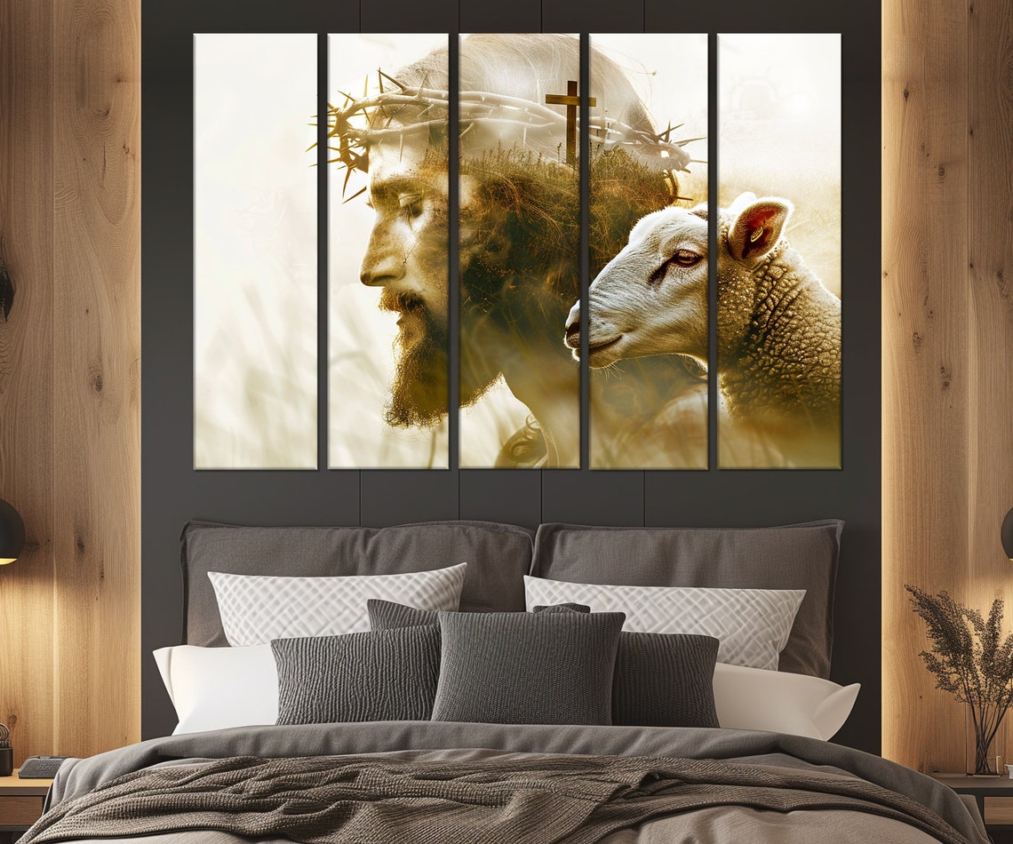 Jesus Christ And The Lamb Crown Of Thorns Cross Religious Wall Art - Image 2