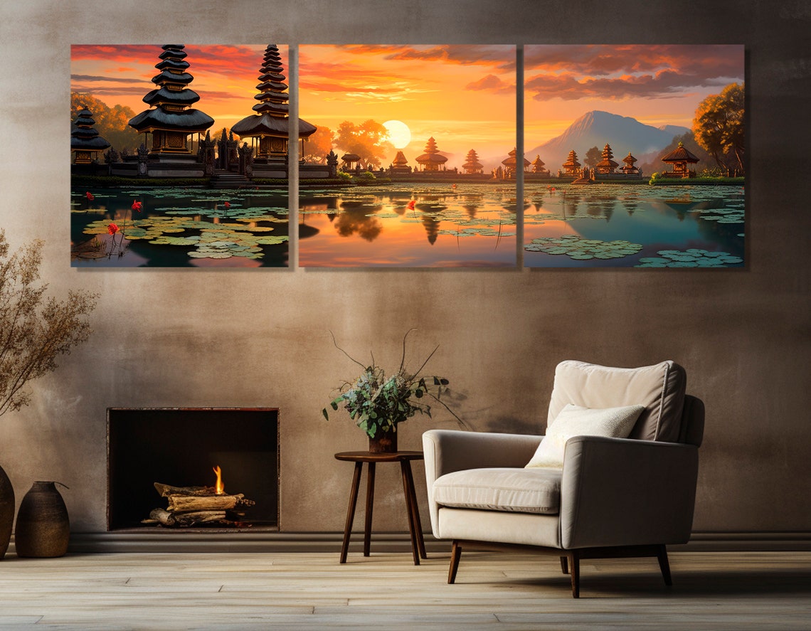 Bali Temple Sunset Over Lake Lotus Pads Golden Sky Painting Poster - Image 4