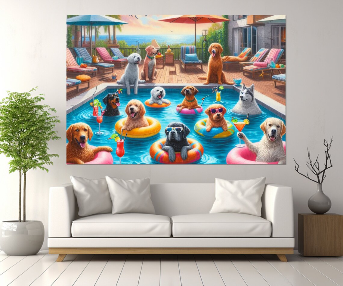 Dogs Pool Party Abstract Pets Bathroom Wall Art Print