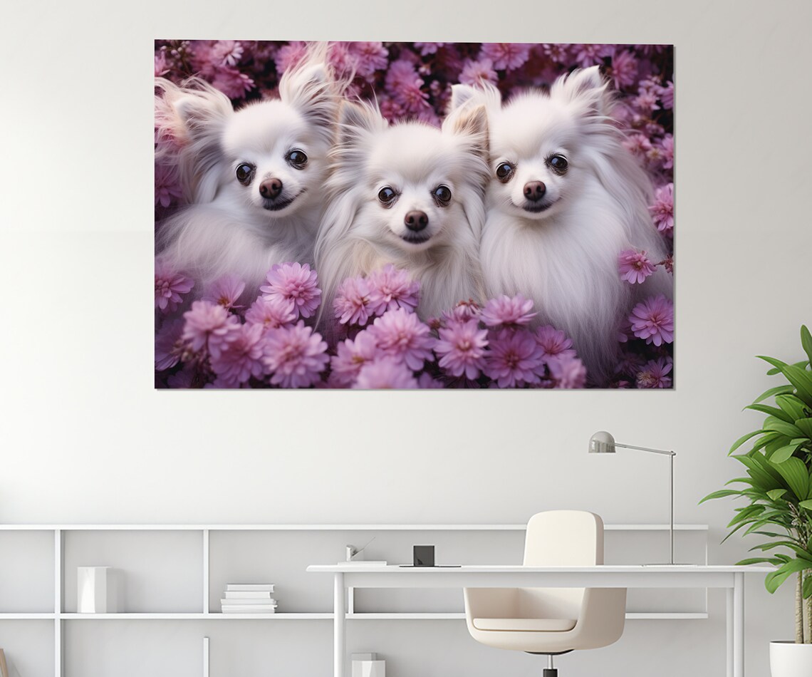 Three Cute White Fluffy Dogs In Pink Flowers Happy Puppy Poster