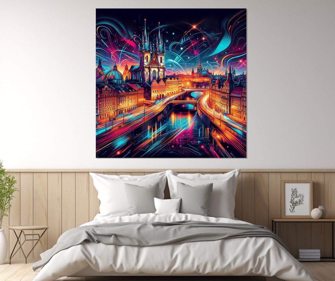 Prague Neon Night Old Town Bridge Lights Cityscape Travel Poster - Image 3