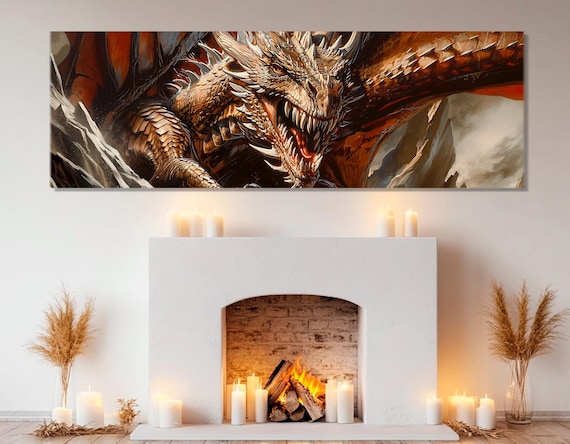 Fierce Bronze Dragon Close Up Scales Fantasy Panoramic Wall Poster