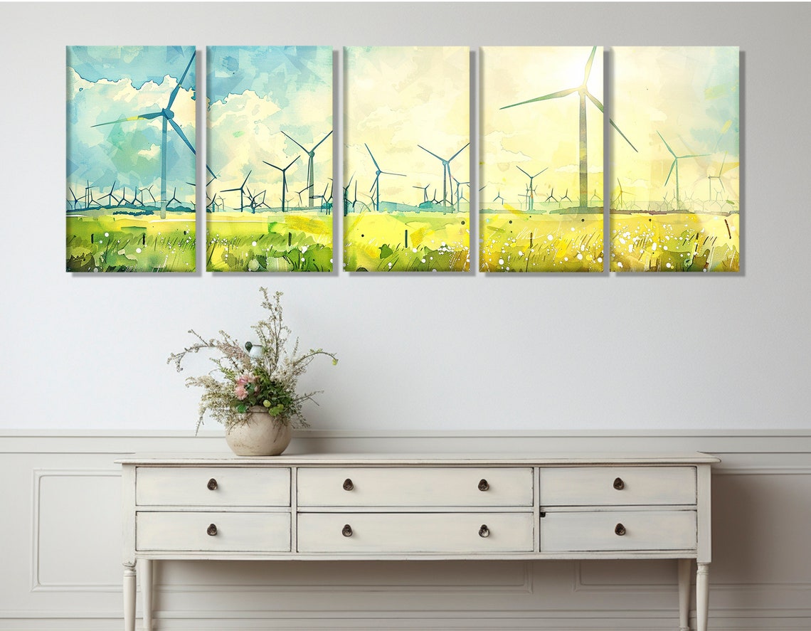 Wind Turbines Over Green Meadow Watercolor Renewable Energy Art Poster - Image 3