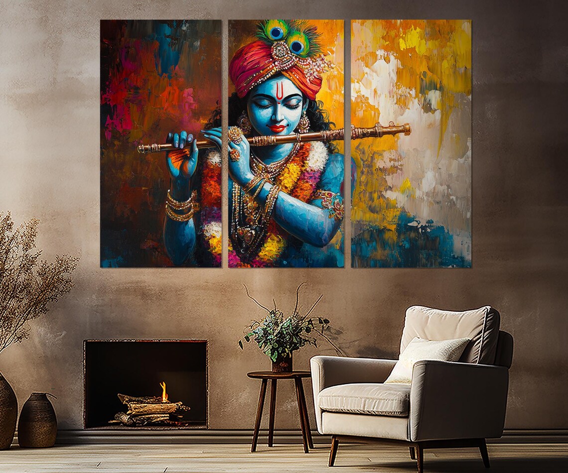 Lord Krishna With Flute, Indian Hindu Art Print - Image 3