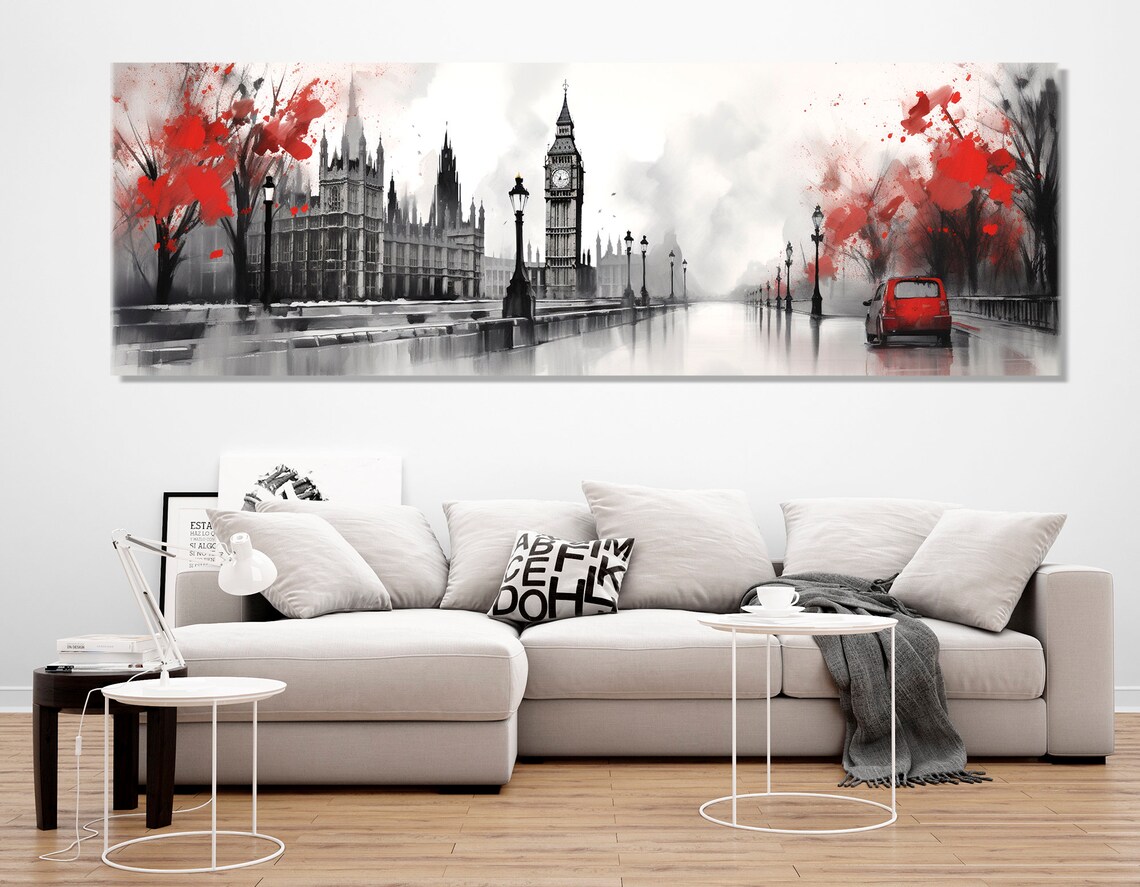 London Big Ben Houses of Parliament Red Accent Panoramic Travel Poster