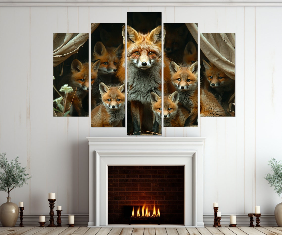 Mother Fox Seven Cubs Den Red Fox Family Wildlife Nursery Wall Art - Image 3