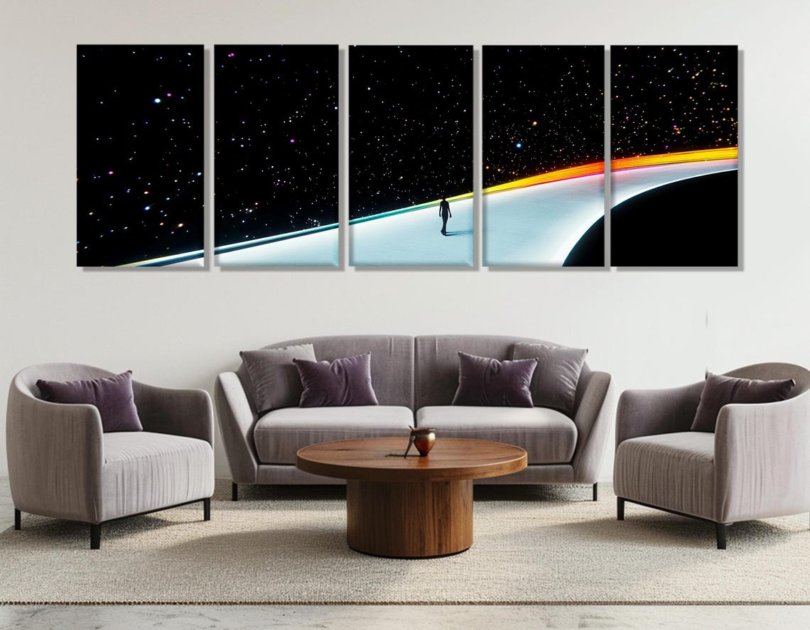 Lone Figure Glowing Path Over Starry Universe Fantasy Wall Art Print - Image 2