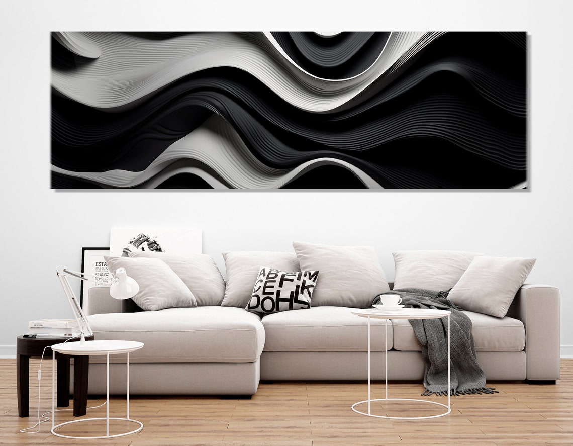 Black And White Abstract Flowing Waves Minimalist Modern Art Poster