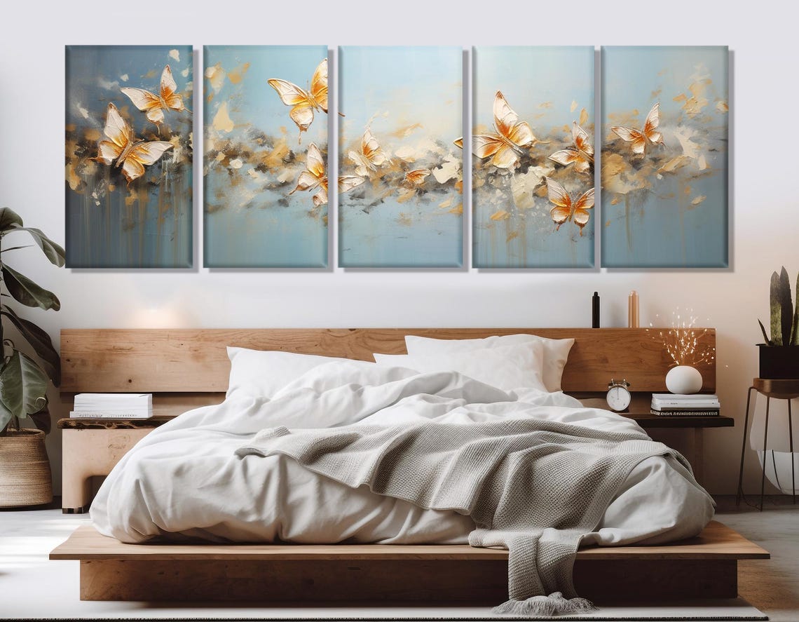 Golden Butterflies Abstract Blue Background Elegant Flying Art Poster - Image 2