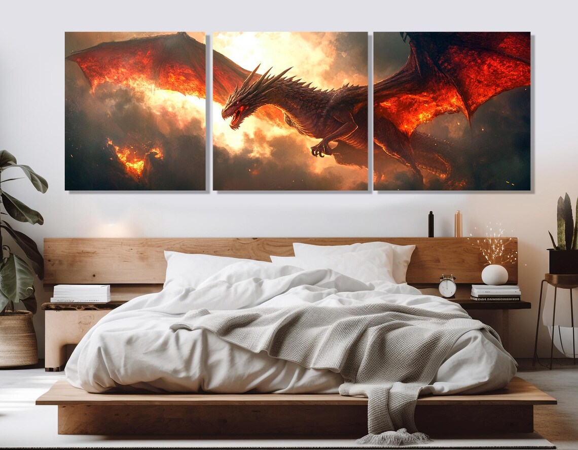 Majestic Red Fire Dragon Soaring Through Flames Fantasy Painting Poster - Image 4