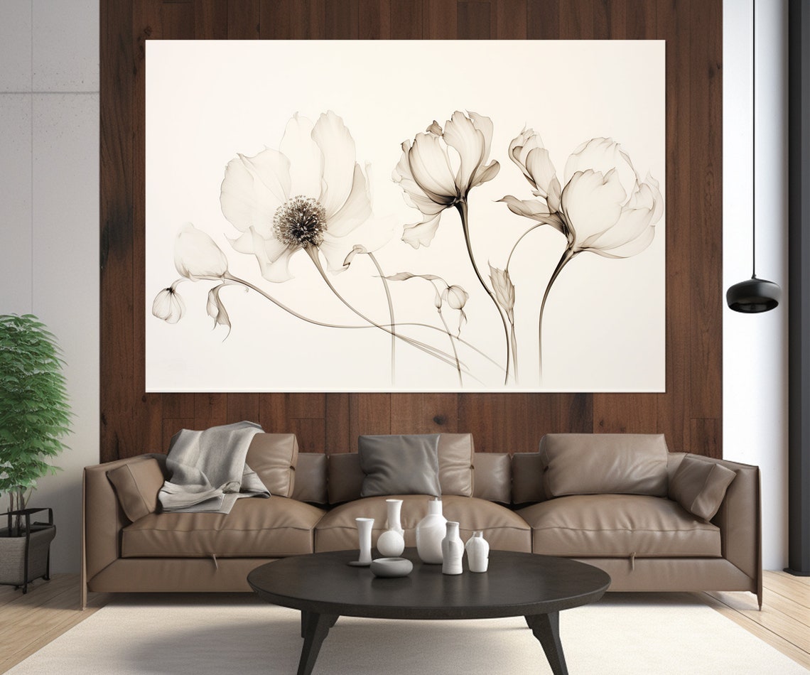 Minimalist White Flowers Line Art Neutral Botanical Wall Art Print - Image 2
